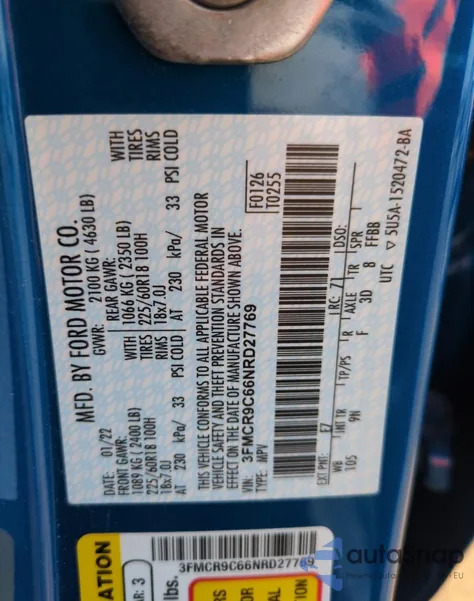 2022 Ford Bronco Sport Outer Banks из США, поврежденный, VIN 3FMCR9C66NRD27769